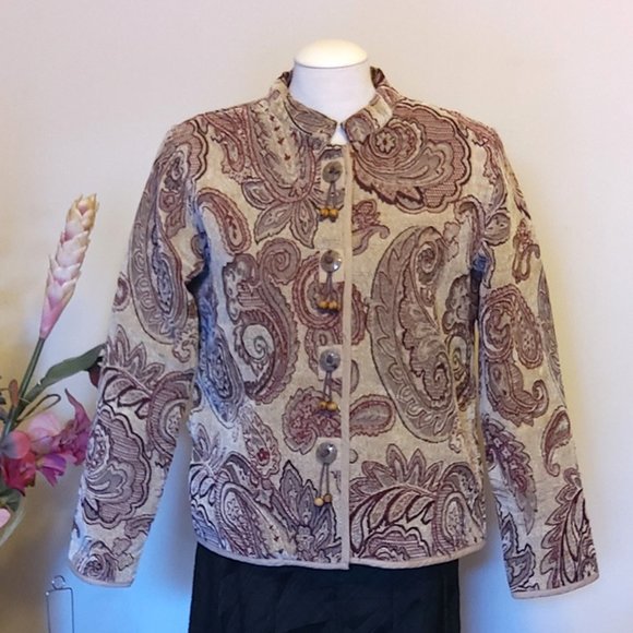 Preowned Zoe Cream Burgundy Floral Print Women's Spring Fall Winter Jacket Size - Picture 6 of 7